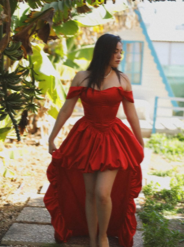 Sexy A Line Off the Shoulder Corset Red Satin Long Short Prom Dress Evening Dress HZ1023